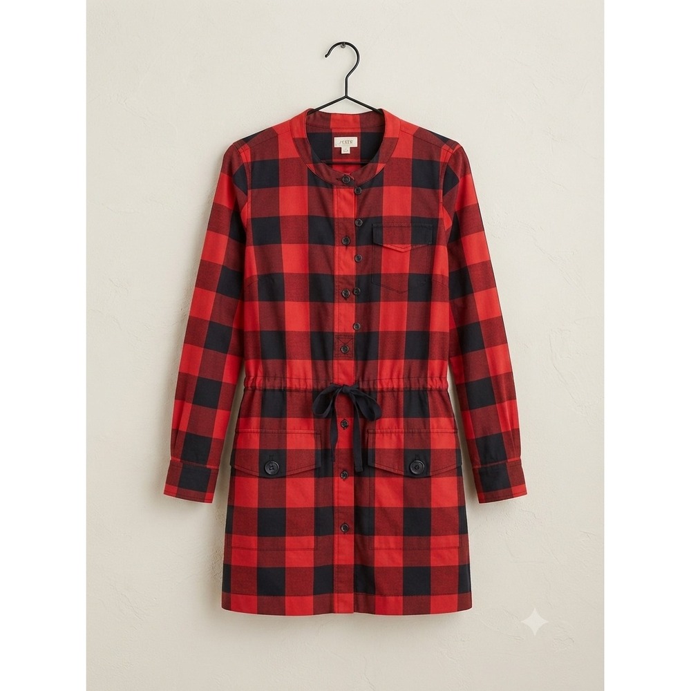 J.Crew Shirt Dress Women‎ 6 Red Buffalo Plaid H2821 Button Front Mini Dress